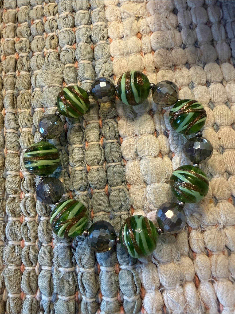 Venetian Glass Stretch Bracelet Green Gold Hand Painted Beads Italian Vintage